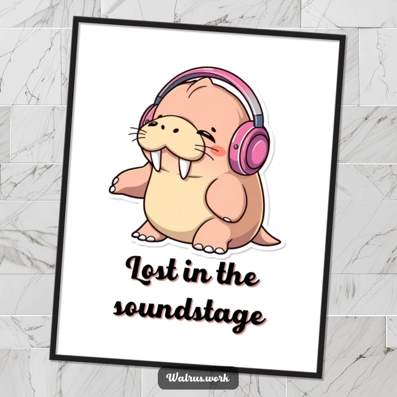 Funny walrus wearing headphones, eyes closed, bopping head to music, digital art print, vibrant music theme.