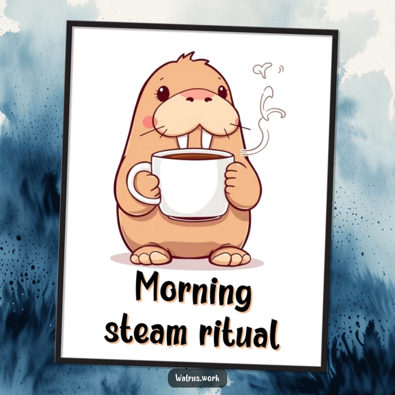 Funny walrus coffee digital art print showing a walrus with a steaming mug, perfect for instant, humorous wall decor.