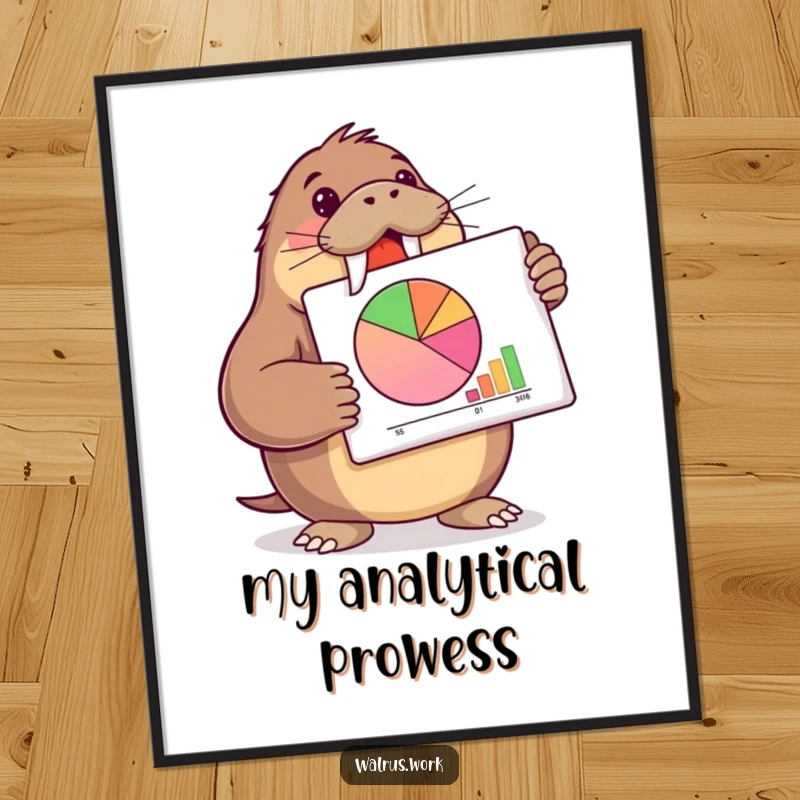 Funny walrus digital art print of a walrus presenting a pie chart, great for instant wall decor.