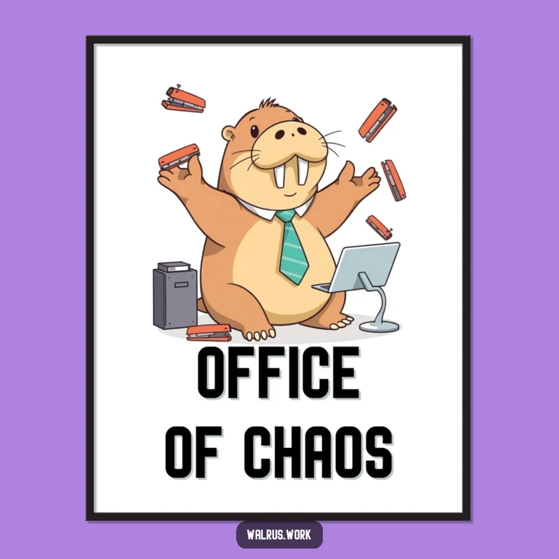 Funny Walrus Stapler Juggling Digital Art: Frame Your Office Chaos with Style