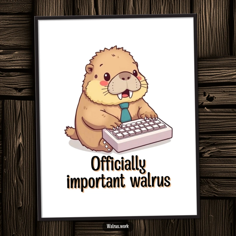 Funny digital art print of a fluffy walrus wearing a tie, excitedly typing on a miniature keyboard, embodying office hustle.