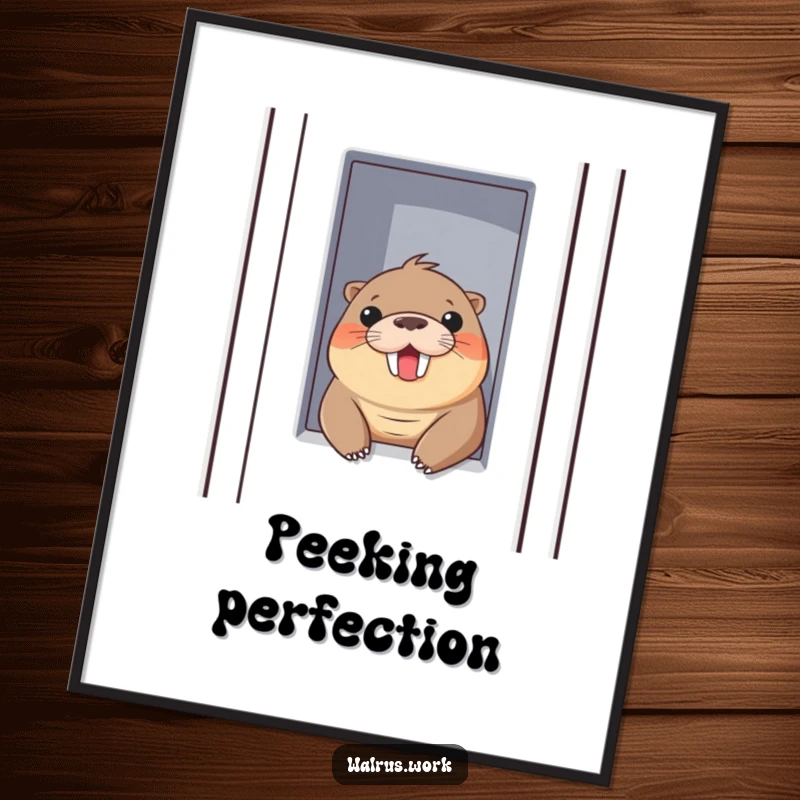 Funny digital art print of a walrus peeking out of a cubicle with a cheerful smile, vibrant and humorous office decor.