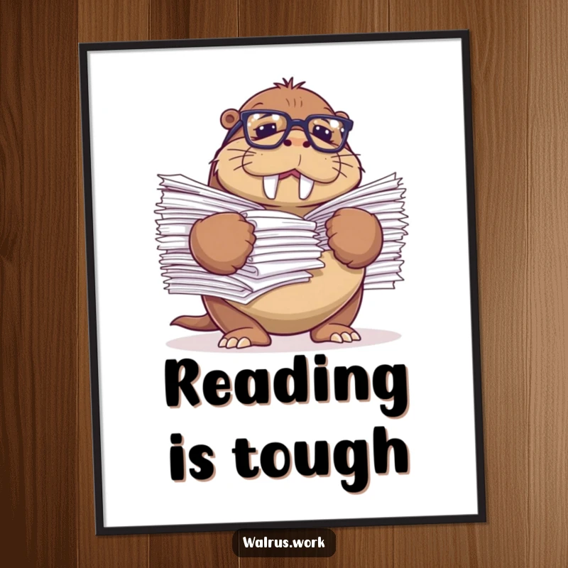 Funny digital art print of a walrus with reading glasses comically struggling with a huge stack of papers.