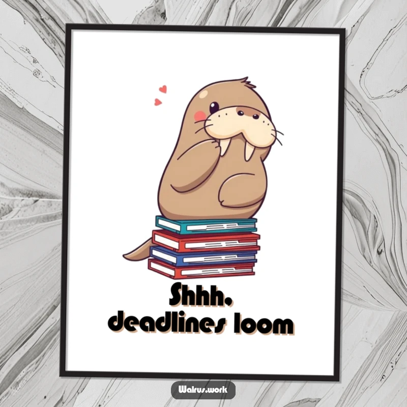 Funny shushing walrus digital art print, a walrus on files, holding a paw to its mouth, a humorous piece for quiet spaces.