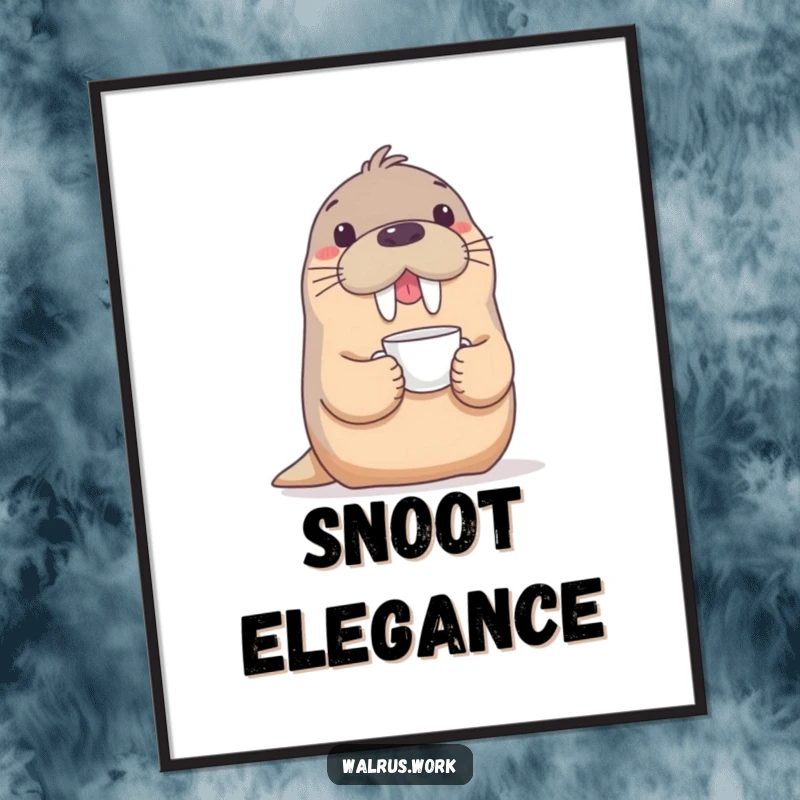 Funny digital art print of a playful walrus balancing a delicate teacup on its snout, suitable for humorous wall decor.