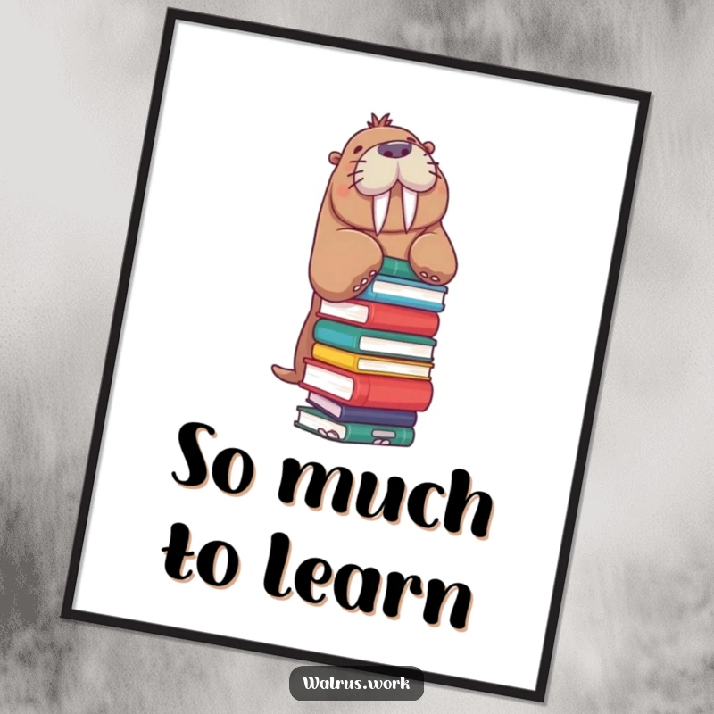 Funny Walrus Digital Art: A walrus precariously balances a stack of books, capturing a humorous and studious moment for digital display.