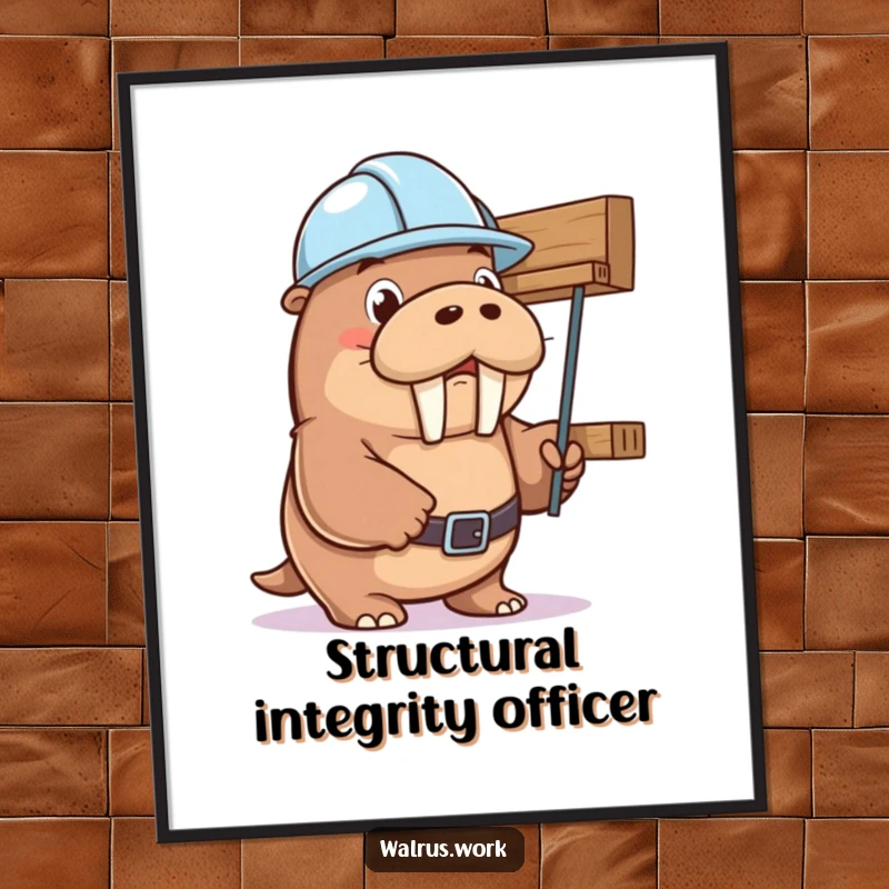 Funny walrus character in a hard hat humorously holding up a wobbly shelf, perfect for instant digital art. Funny gift print.