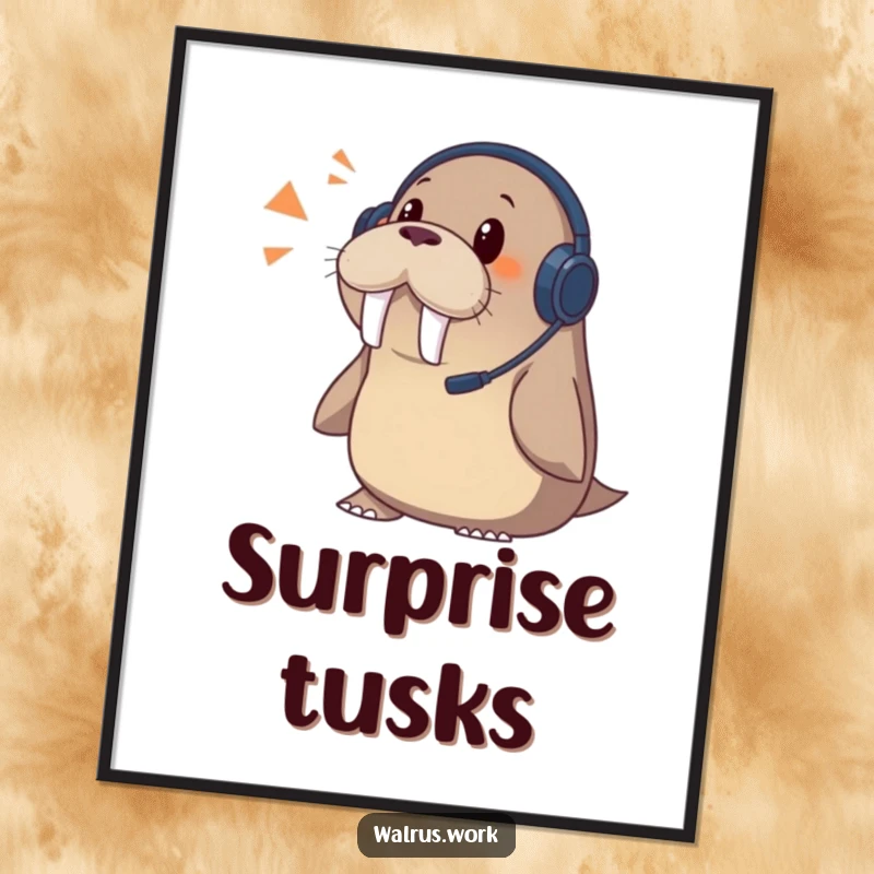 Funny walrus digital art print of a walrus wearing a headset, looking surprised by a sudden phone call.