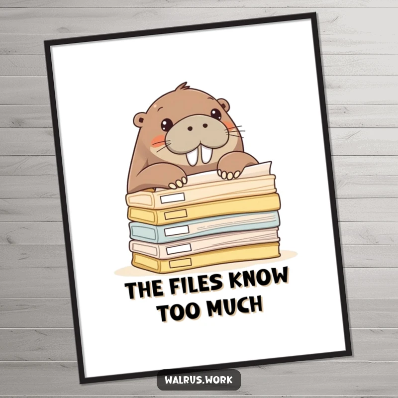 Funny walrus peeking over a stack of office folders, high-resolution digital art print.