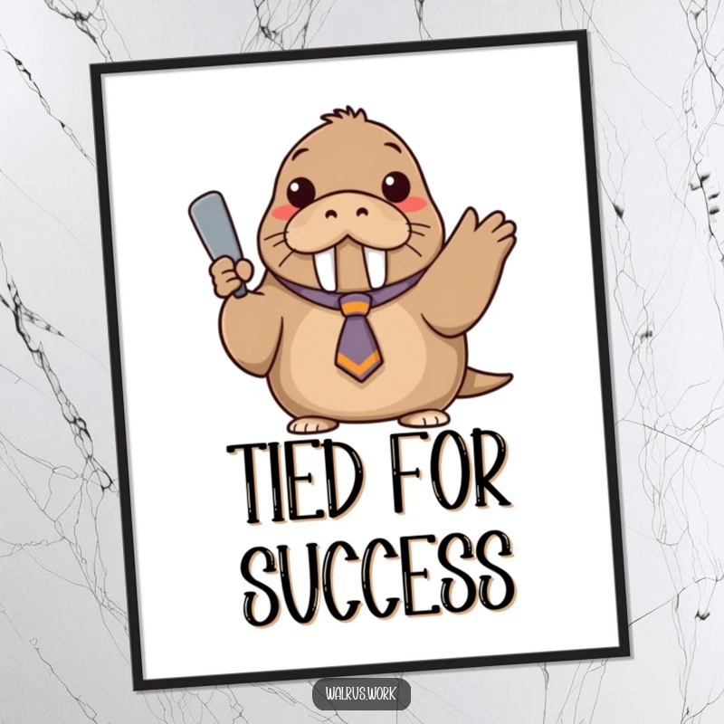 Funny digital art print of a walrus wearing a tiny, askew tie, confidently gesturing with a flipper.