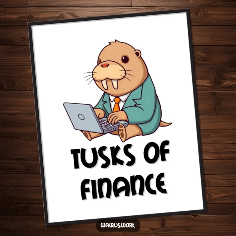 Funny digital art print of a walrus in a suit typing on a laptop, vibrant and humorous office decor.