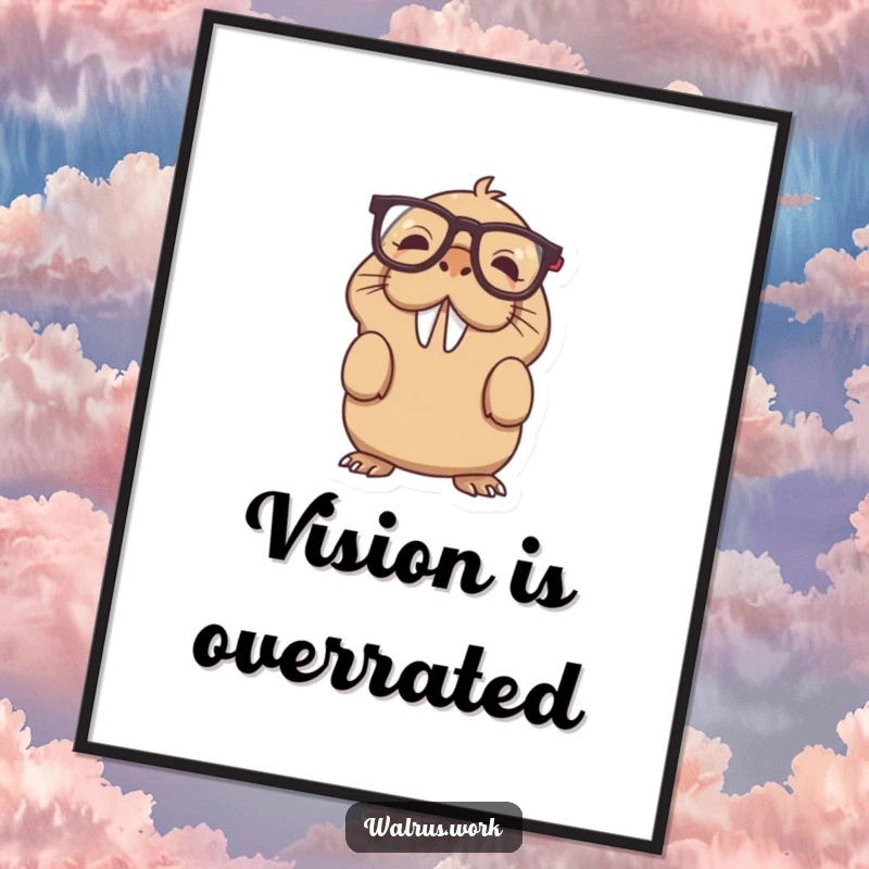 Funny upside down glasses walrus digital art print showing a bewildered sea creature with eyewear askew, printable funny gift.