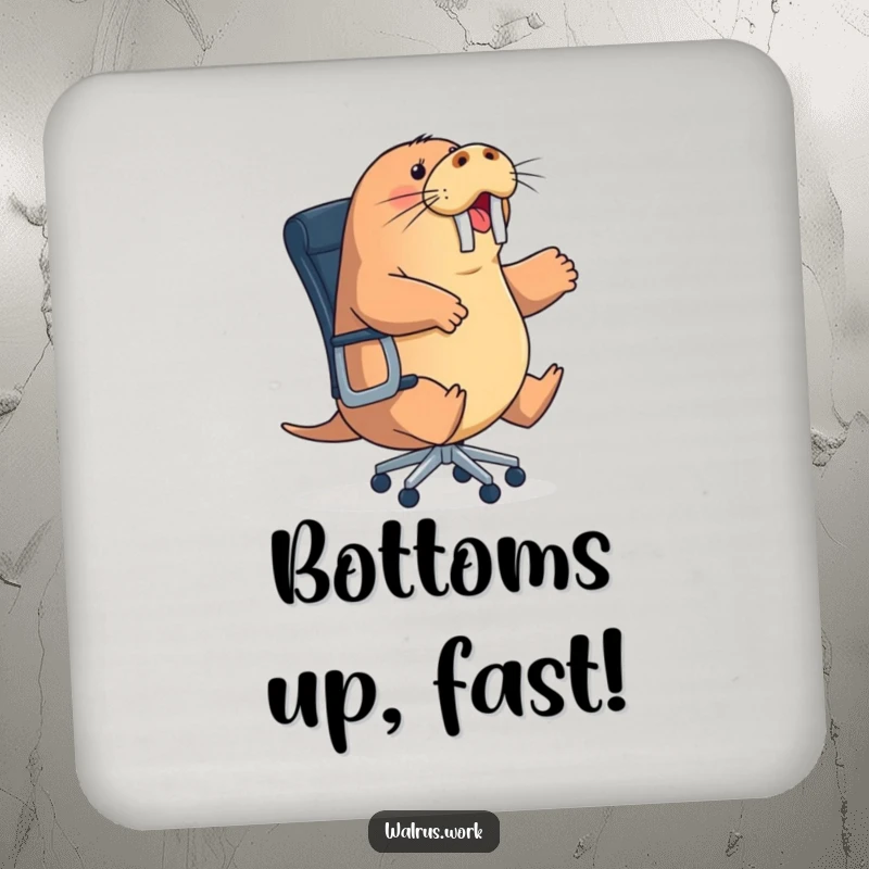 Funny energetic walrus coaster depicting a sea mammal trying to ride a rolling office chair, a practical funny gift.