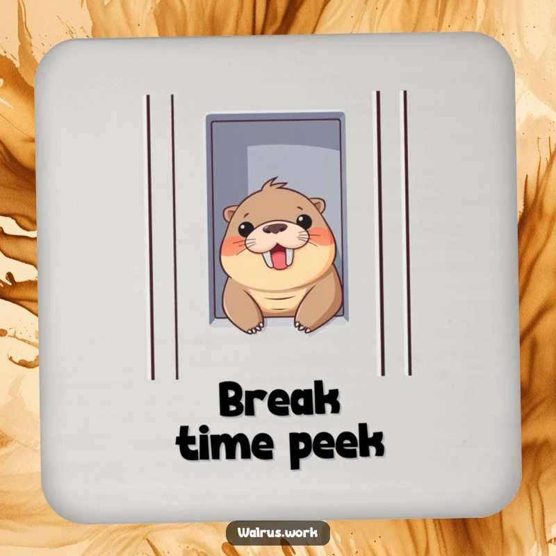 Funny drink coaster with a walrus peeking out of a cubicle with a cheerful smile, adding office humor to surfaces.