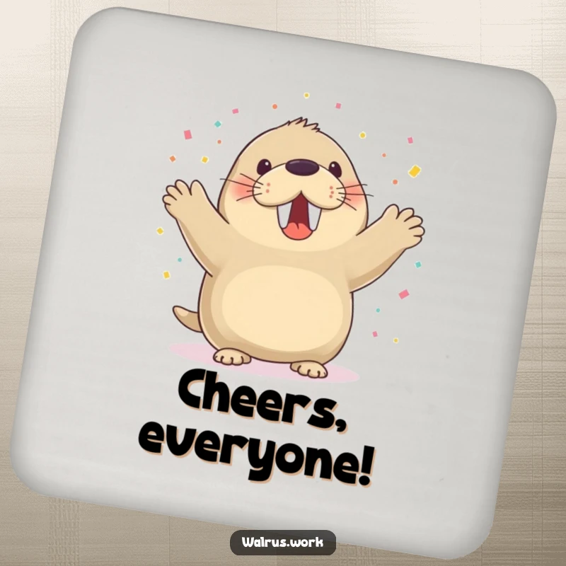 Funny walrus coaster with a walrus cheering and confetti falling, perfect for parties.