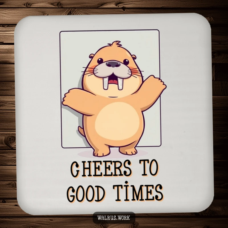 Funny happy dance walrus coaster depicting a cheerful walrus dancing behind an office cubicle, a practical funny gift.