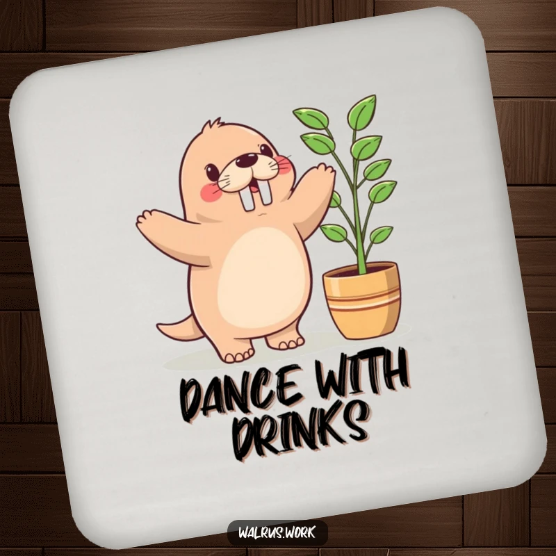Funny drink coasters showing a cute Kawaii walrus doing a happy dance next to a potted plant, perfect for protecting surfaces with humor.