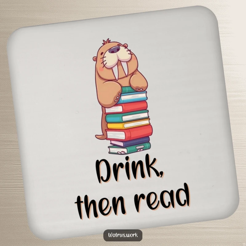 Funny Walrus Coaster: A walrus precariously balances a stack of books, bringing humorous literary protection to your surfaces.