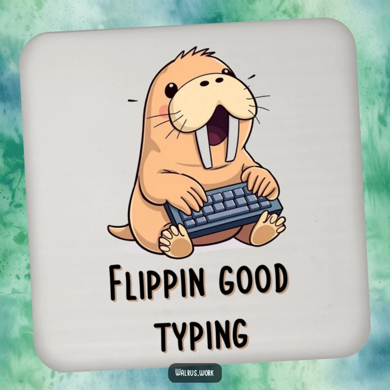 Funny walrus drink coaster depicting a sea creature typing intensely on a miniature keyboard, a humorous and functional tabletop accessory.