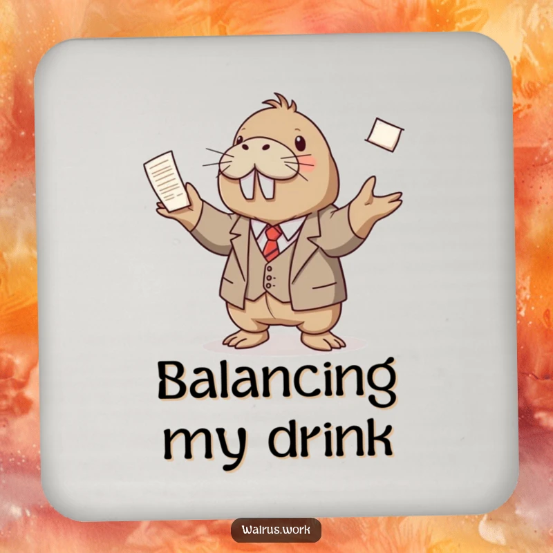 Funny drink coaster showcasing a walrus in a tiny suit juggling papers, adding professional humor to any table surface.
