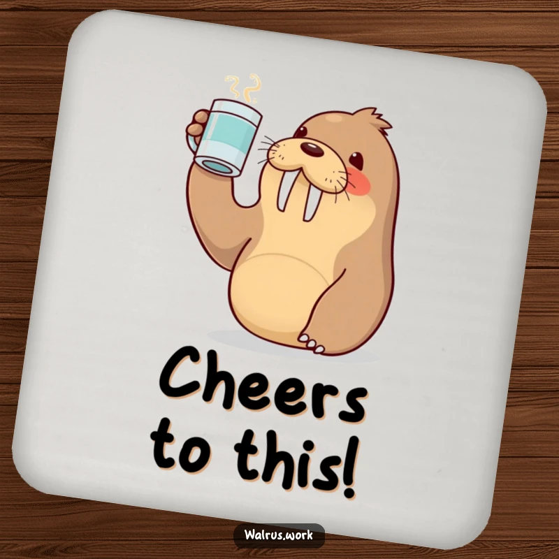 Funny drink coasters showing a cute Kawaii walrus raising a coffee mug in a toast, perfect for protecting surfaces with humor.