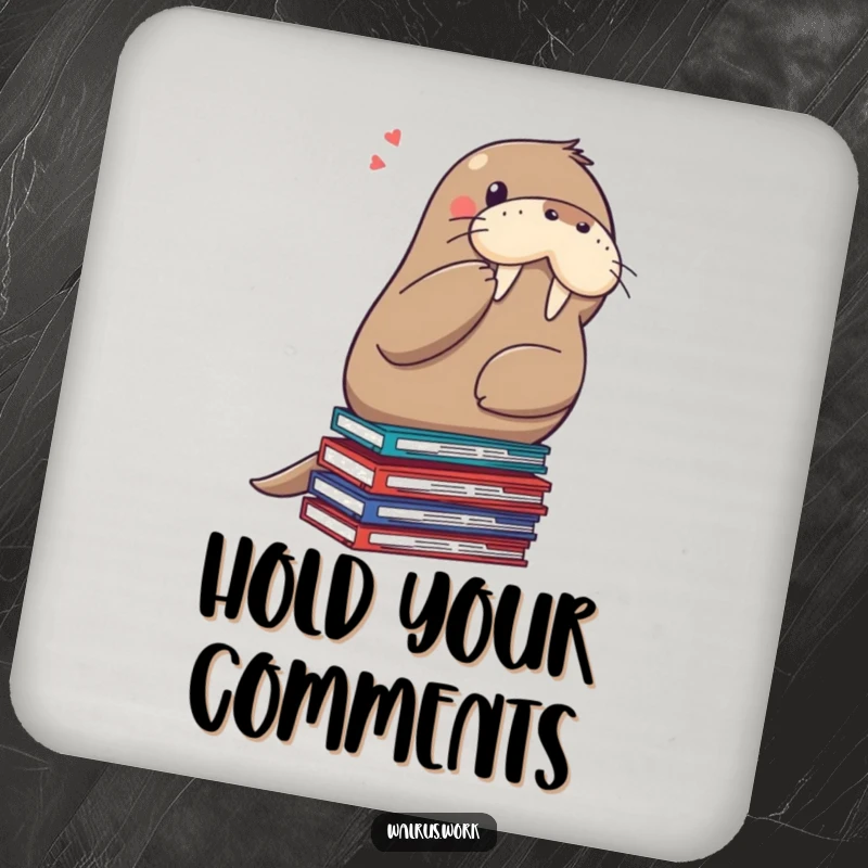 Funny shushing walrus coaster, a walrus on files asking for silence, perfect for protecting surfaces with a hint of humor.