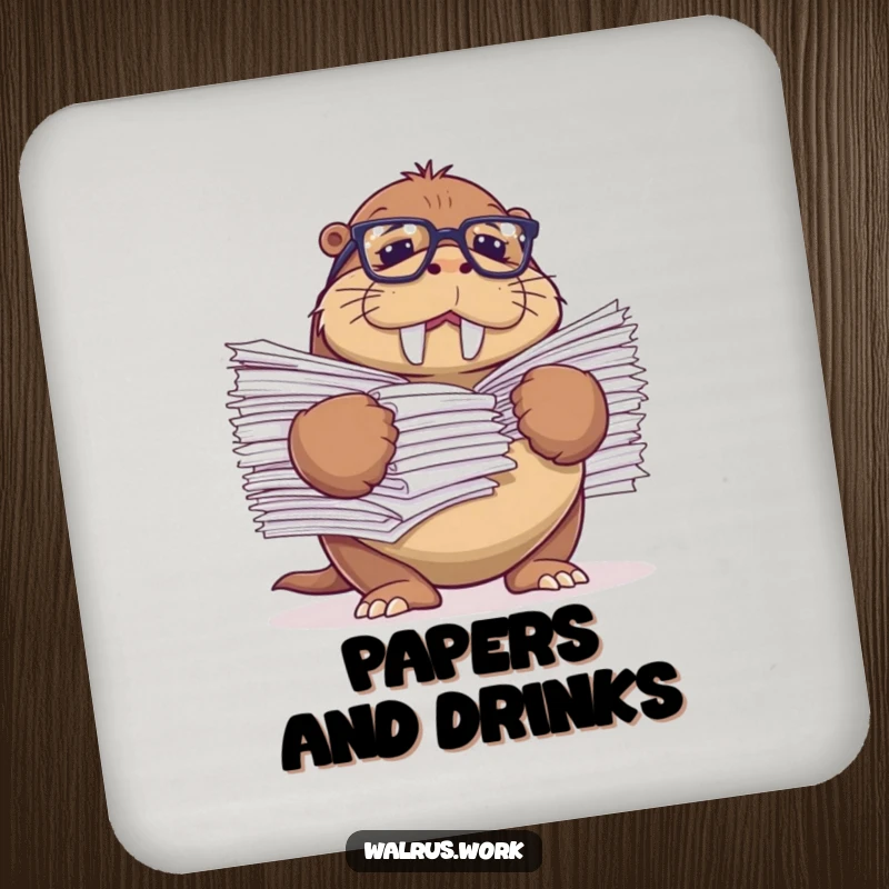 Funny drink coaster featuring a walrus with reading glasses comically struggling with a huge stack of papers.
