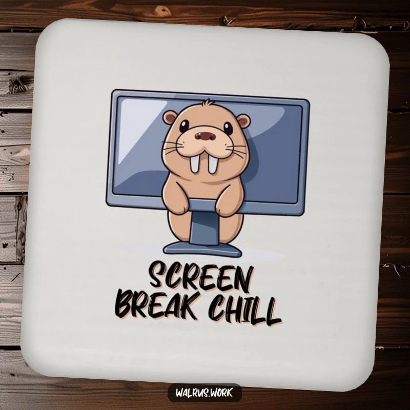 Funny tech walrus coaster with a walrus peeking from behind a computer monitor, adding protection and humor to surfaces.