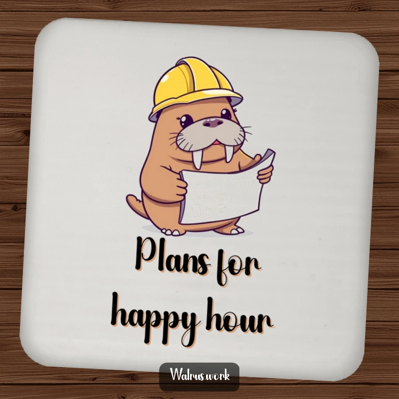 Funny walrus drink coaster with a walrus in a hard hat and blueprint, ideal for table protection.