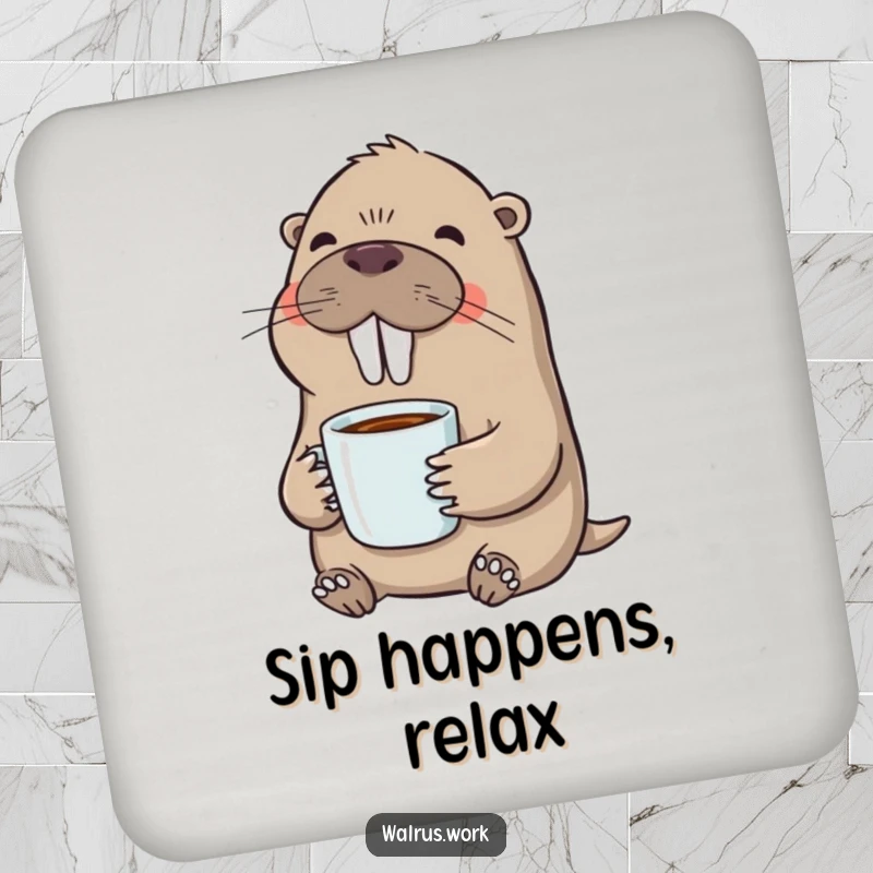 Funny drink coaster featuring a walrus enjoying coffee, protecting surfaces with a humorous and delightful design.