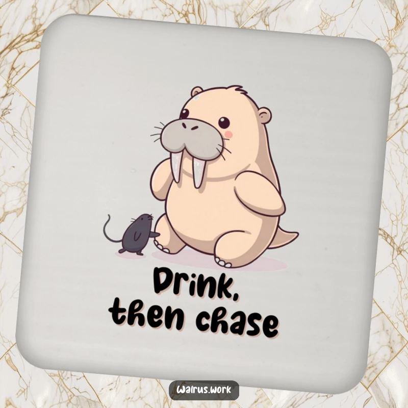 Funny Walrus Coaster: A walrus playfully chases a computer mouse pointer, bringing humorous tech-inspired protection to your surfaces.