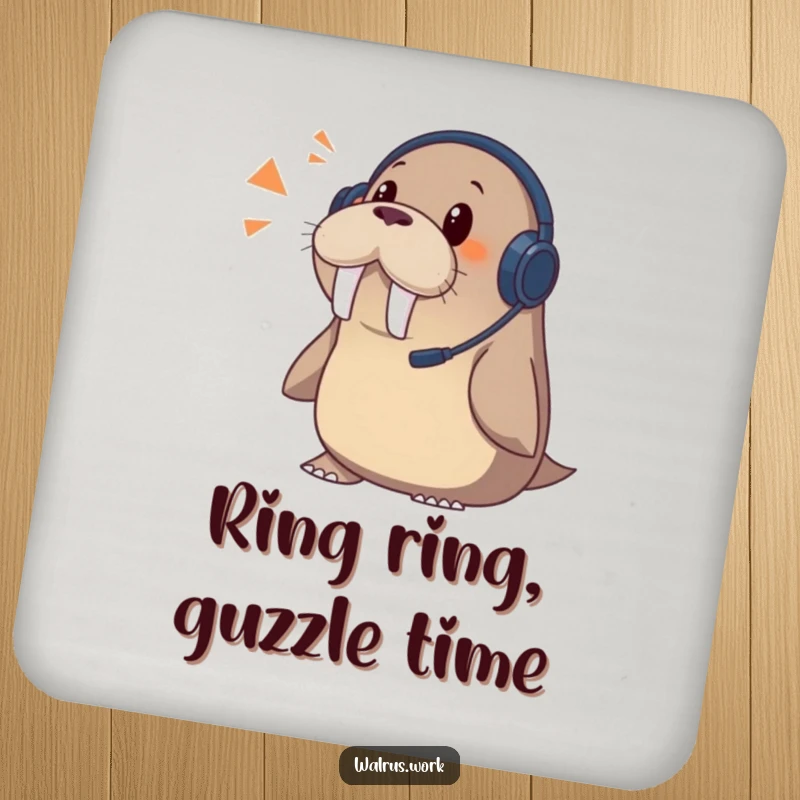Funny walrus coaster depicting a surprised walrus wearing a headset, reacting to an unexpected phone call, protecting tables.