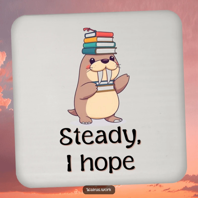 Funny drink coaster featuring a playful walrus character balancing a teetering tower of office supplies on its flippers.