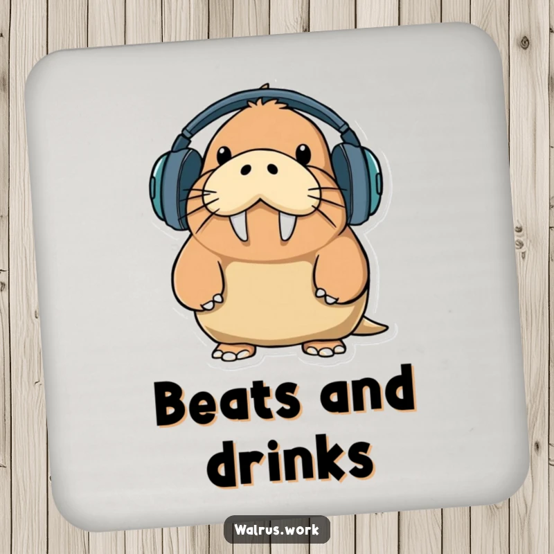 Funny walrus character humorously wearing oversized headphones with a comical expression, featured on a protective and amusing drink coaster.