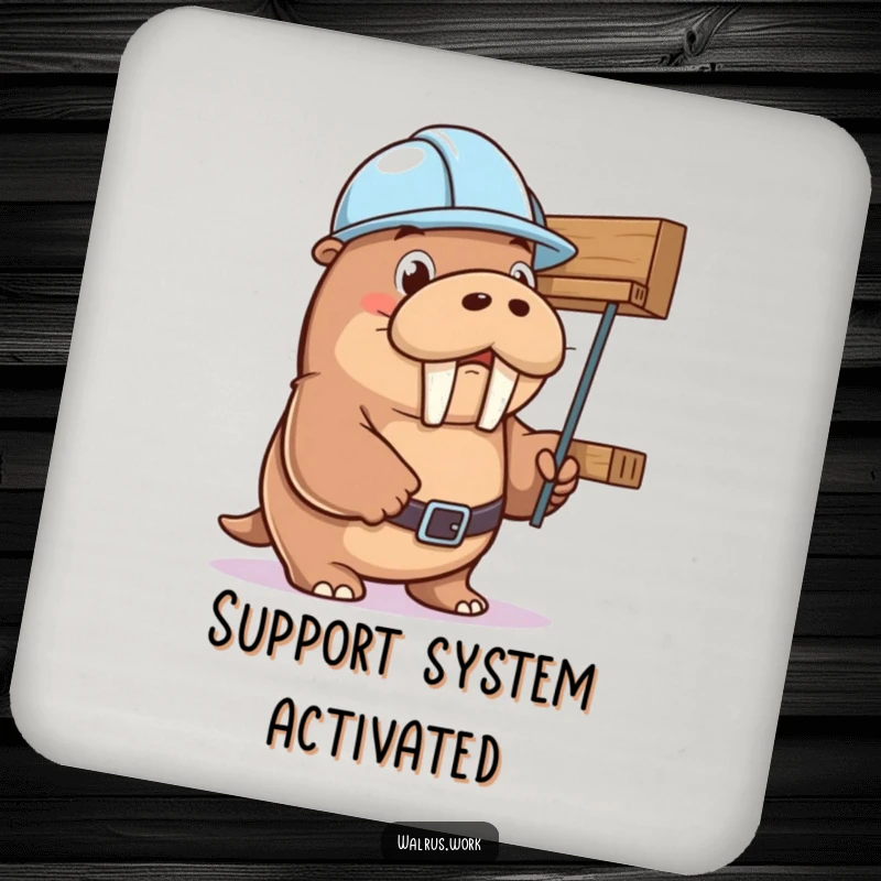 Funny walrus in a hard hat humorously holding up a shelf, protecting surfaces in style. Funny gift coaster.