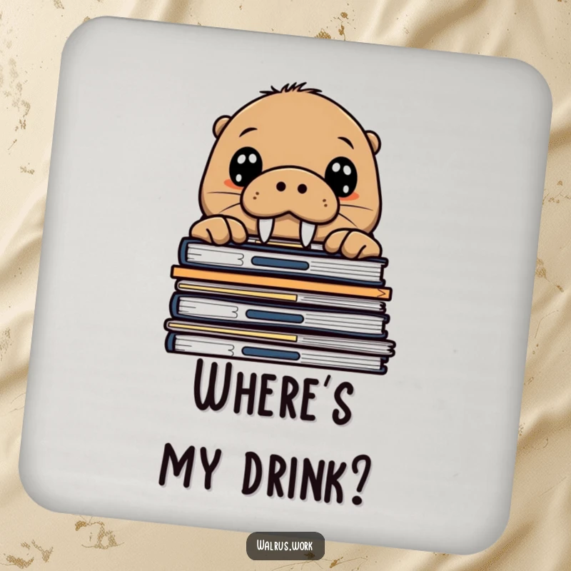 Funny walrus drink coaster depicting a curious sea mammal peeking over office files, a humorous and functional tabletop accessory.
