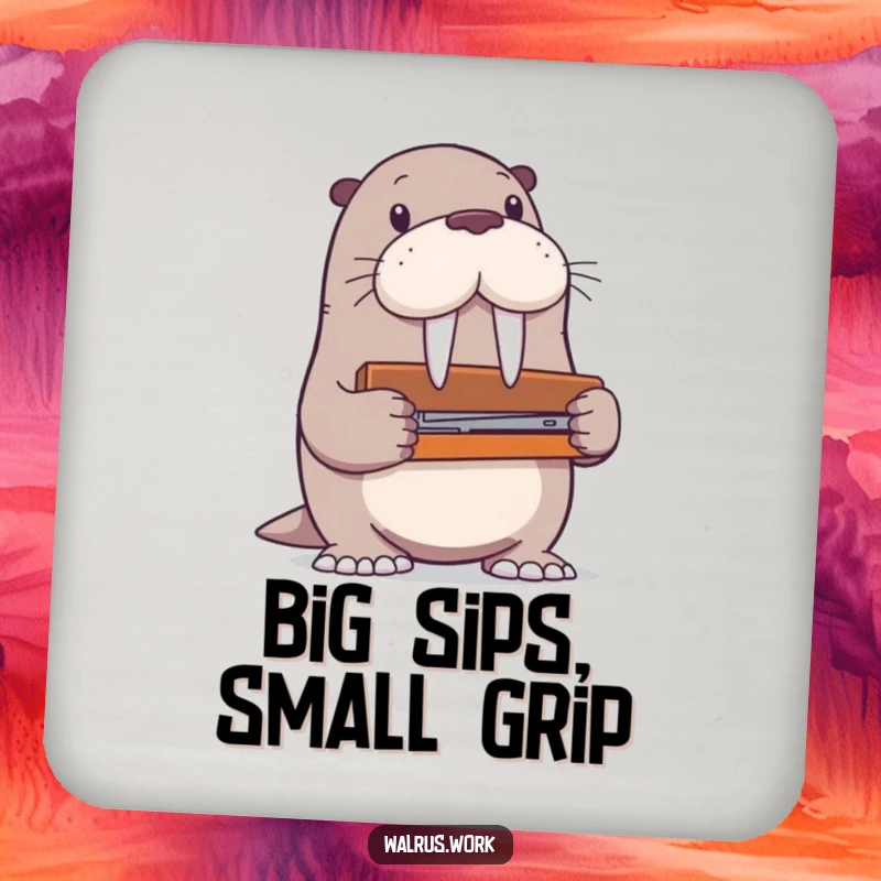 Funny walrus coaster with a walrus character humorously attempting to use a stapler that is much too large for its flippers.