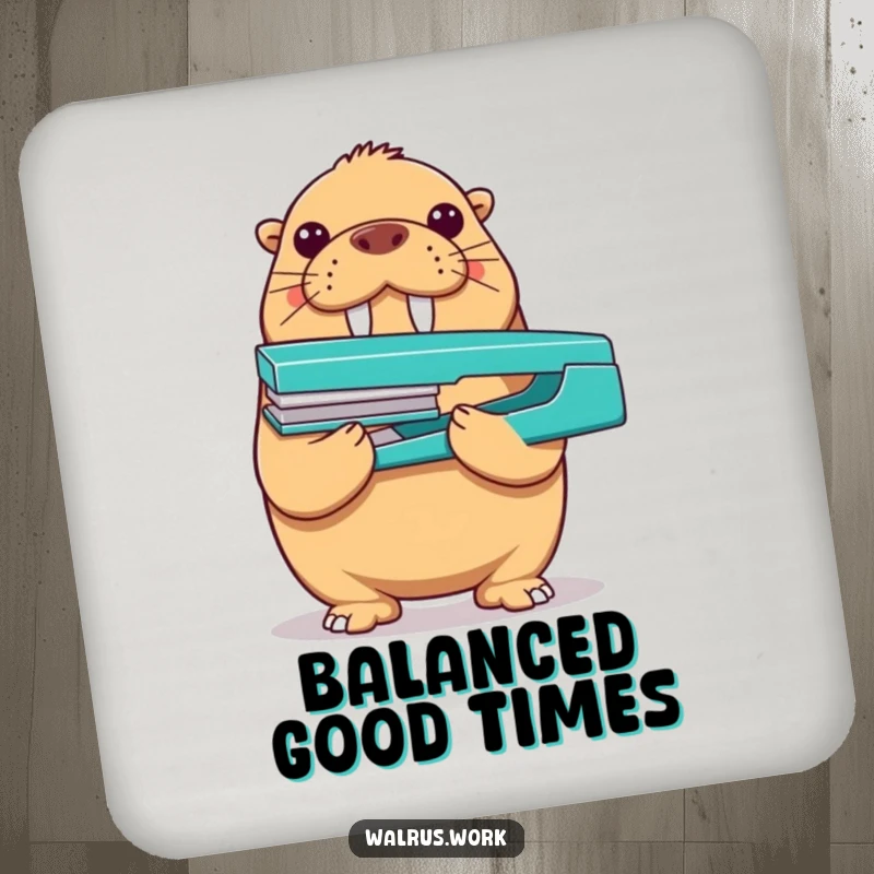 Funny walrus drink coaster depicting a proud walrus balancing a stapler on its nose, a humorous coaster for table protection.