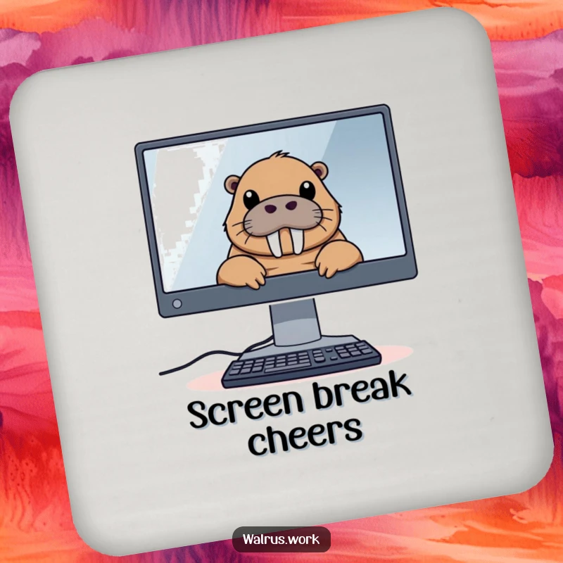 Funny drink coaster showcasing a walrus peeking over a large computer monitor, adding tech-related humor to any surface.