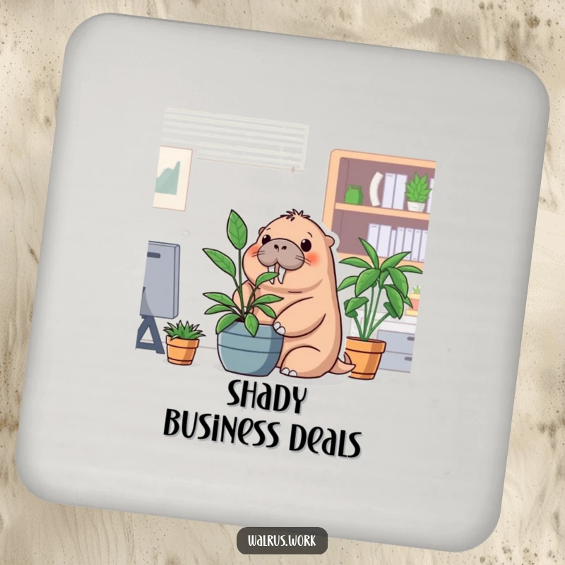 Funny office walrus drink coaster with a walrus hiding behind a potted plant, ideal for table protection.
