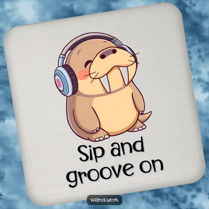 Funny walrus with headphones, bopping head to music, decorative and functional drink coaster.