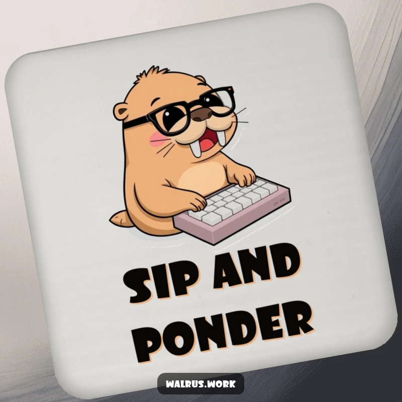 Funny walrus, wearing glasses, joyfully typing on miniature keyboard, office humor, drink coaster, productive decor.