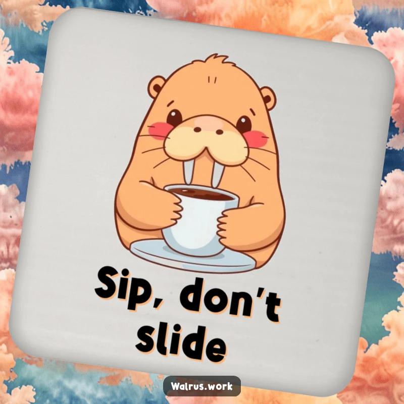 Funny walrus coaster depicting a content walrus sipping coffee, safeguarding your tables with humor.