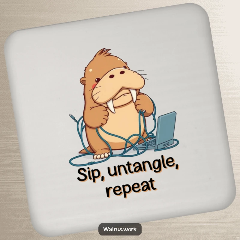 Funny walrus coaster with a determined walrus character humorously tangled in computer cables, protecting surfaces with charm.
