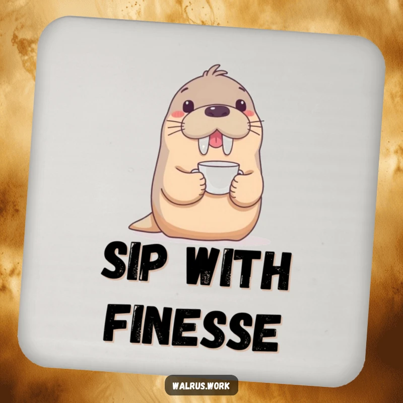 Funny drink coasters with a playful walrus balancing a delicate teacup on its snout, offering humorous surface protection with elegance.