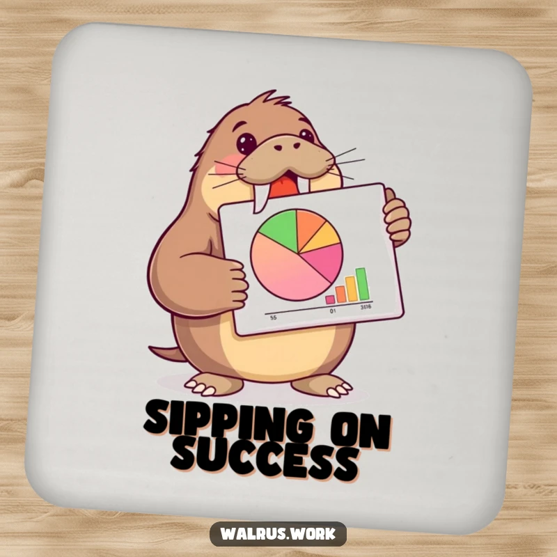 Funny walrus drink coaster featuring a walrus presenting a pie chart, ideal for protecting furniture.