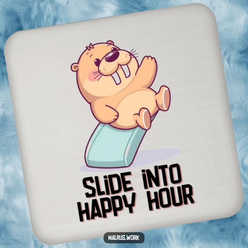 Funny drink coaster featuring a walrus gleefully sliding down a miniature office slide, perfect for protecting surfaces with office humor.