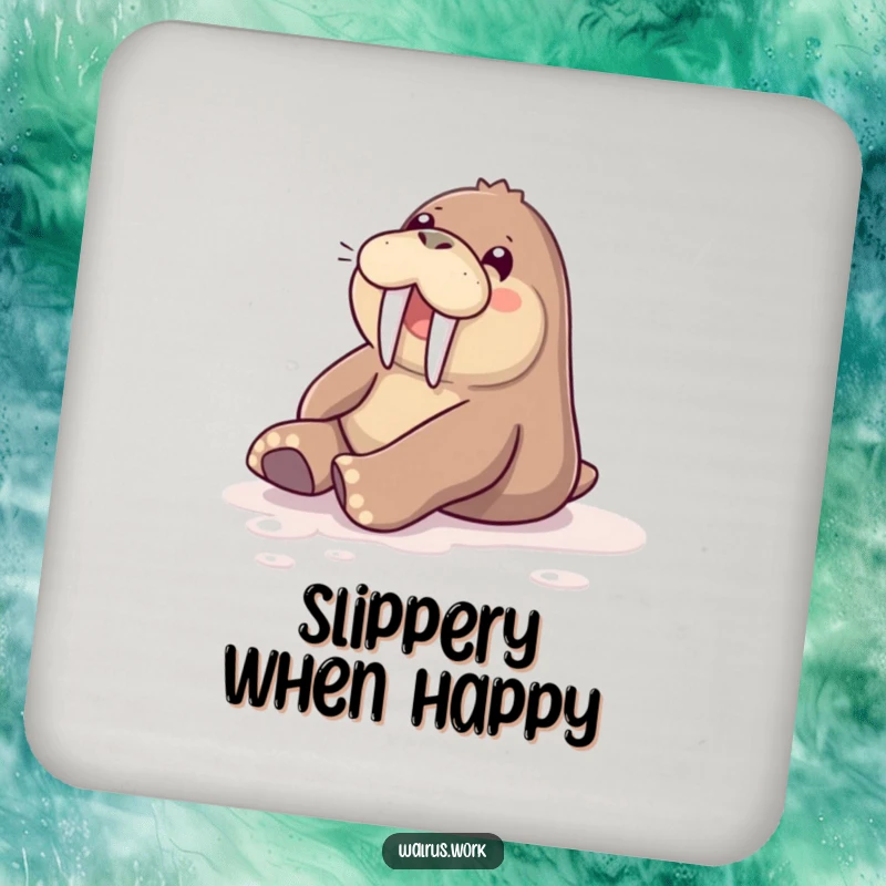 Funny drink coaster featuring a walrus cheerfully sliding on a polished floor. Adds fun to any table.