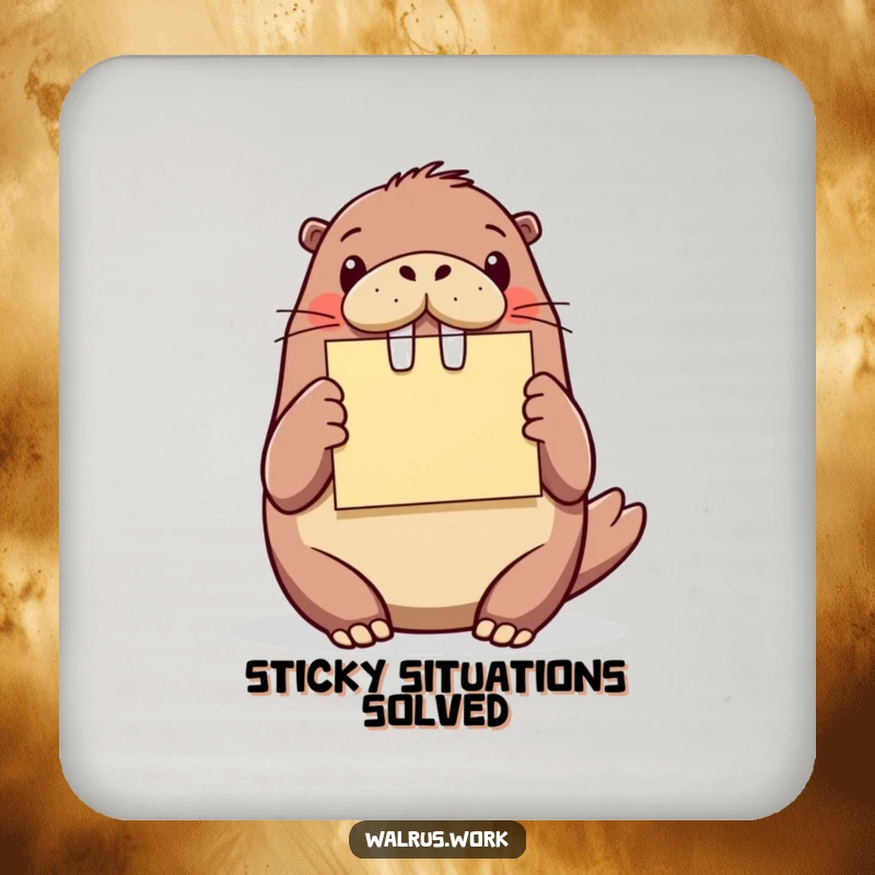 Funny walrus idea coaster, a walrus presenting a sticky note, adding inspiration and surface protection with humor.