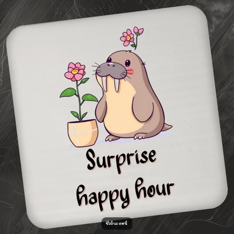 Funny walrus coaster with a walrus surprised by a blooming desk plant, perfect for tables.
